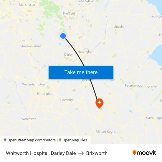 Whitworth Hospital, Darley Dale to Brixworth map