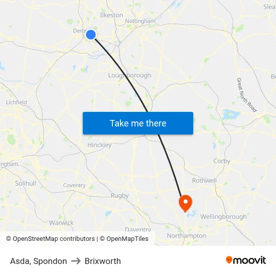 Asda, Spondon to Brixworth map