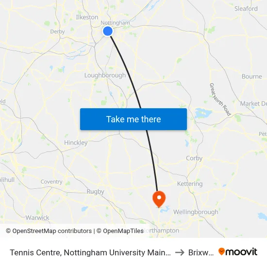 Tennis Centre, Nottingham University Main Campus (Un03) to Brixworth map