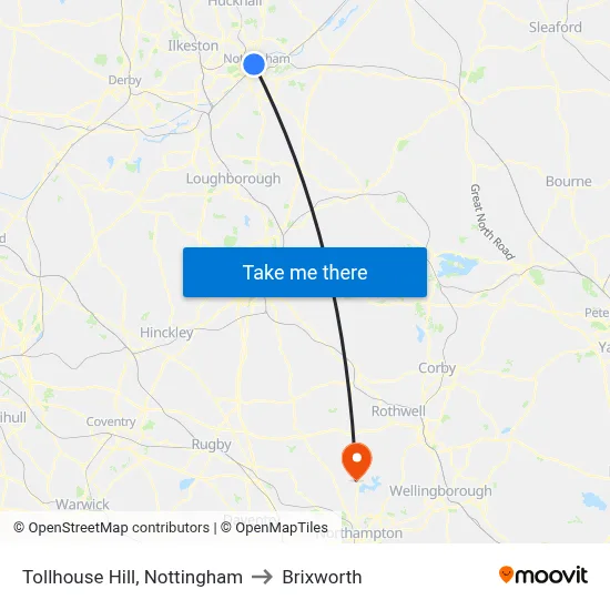 Tollhouse Hill, Nottingham to Brixworth map