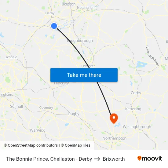 The Bonnie Prince, Chellaston - Derby to Brixworth map