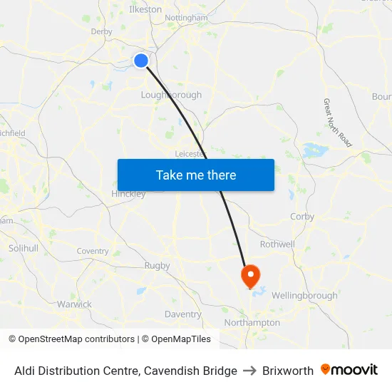 Aldi Distribution Centre, Cavendish Bridge to Brixworth map