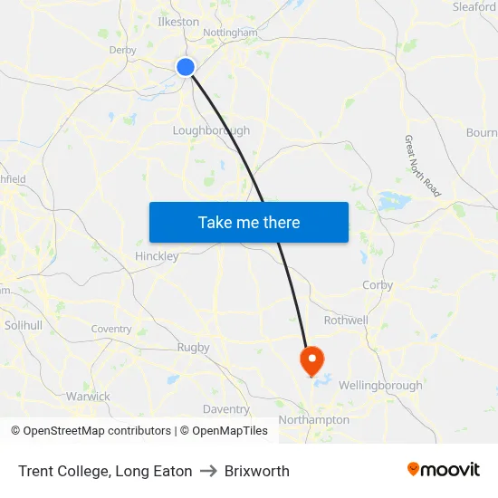 Trent College, Long Eaton to Brixworth map