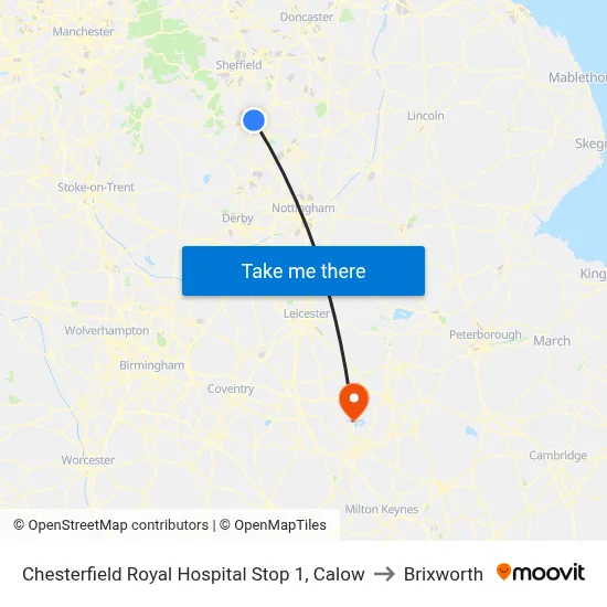 Chesterfield Royal Hospital Stop 1, Calow to Brixworth map