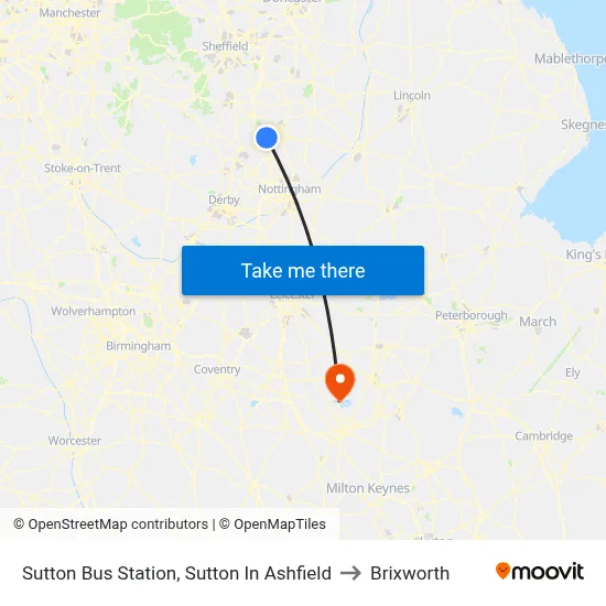 Sutton Bus Station, Sutton In Ashfield to Brixworth map