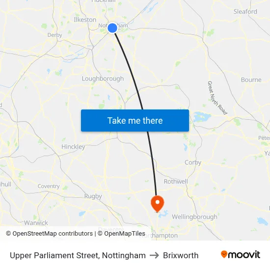 Upper Parliament Street, Nottingham to Brixworth map
