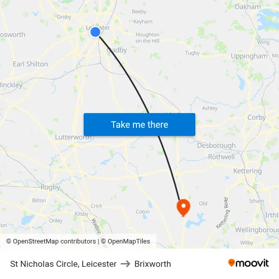 St Nicholas Circle, Leicester to Brixworth map