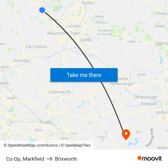 Co-Op, Markfield to Brixworth map