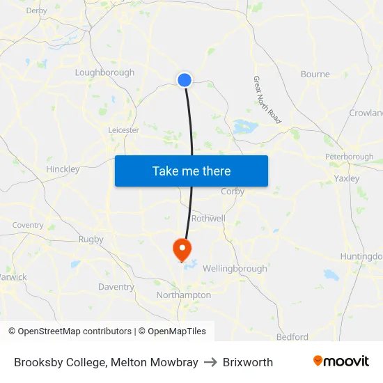 Brooksby College, Melton Mowbray to Brixworth map