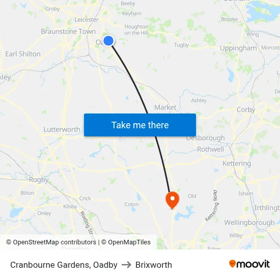 Cranbourne Gardens, Oadby to Brixworth map