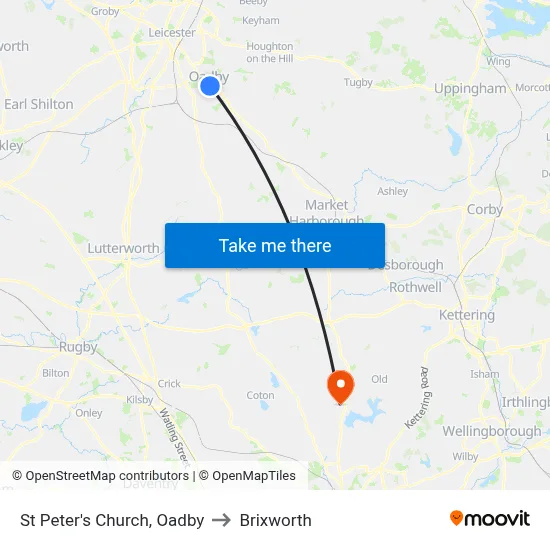 St Peter's Church, Oadby to Brixworth map
