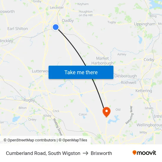 Cumberland Road, South Wigston to Brixworth map
