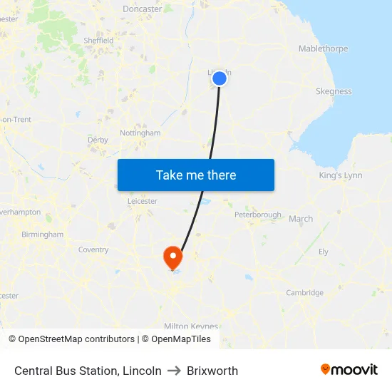 Central Bus Station, Lincoln to Brixworth map