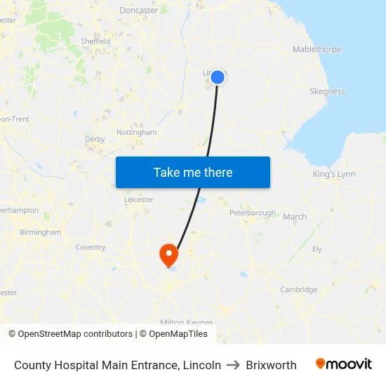 County Hospital Main Entrance, Lincoln to Brixworth map