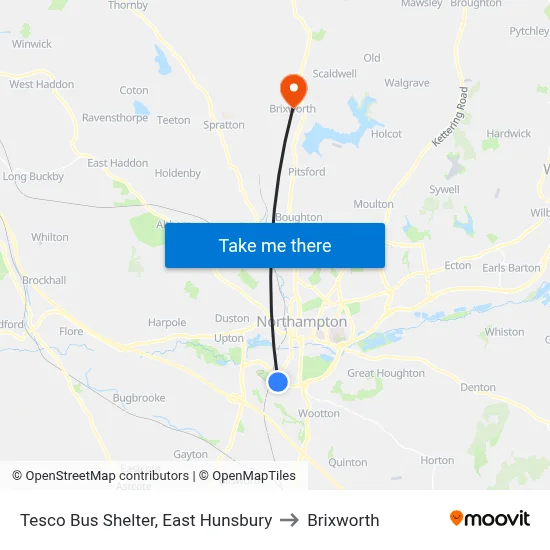 Tesco Bus Shelter, East Hunsbury to Brixworth map