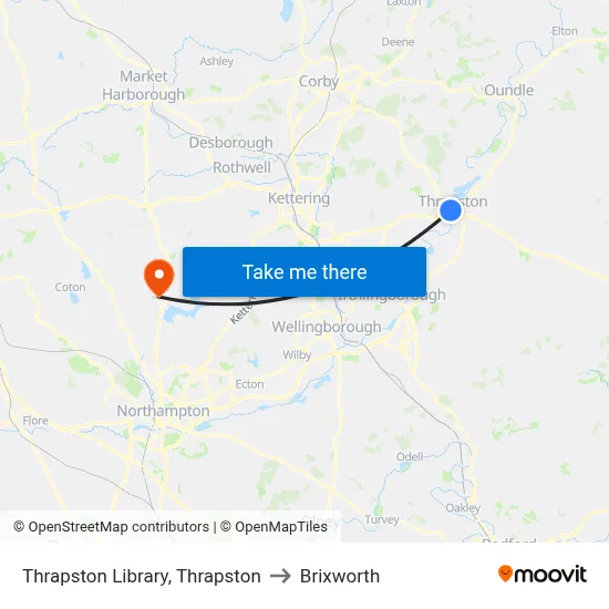 Thrapston Library, Thrapston to Brixworth map