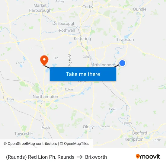 (Raunds) Red Lion Ph, Raunds to Brixworth map