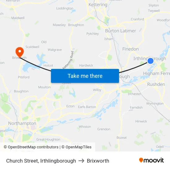 Church Street, Irthlingborough to Brixworth map