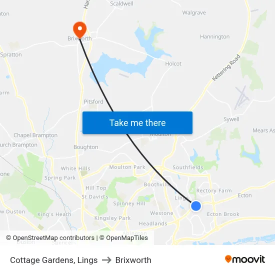 Cottage Gardens, Lings to Brixworth map