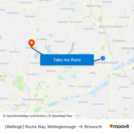 (Wellingb') Roche Way, Wellingborough to Brixworth map