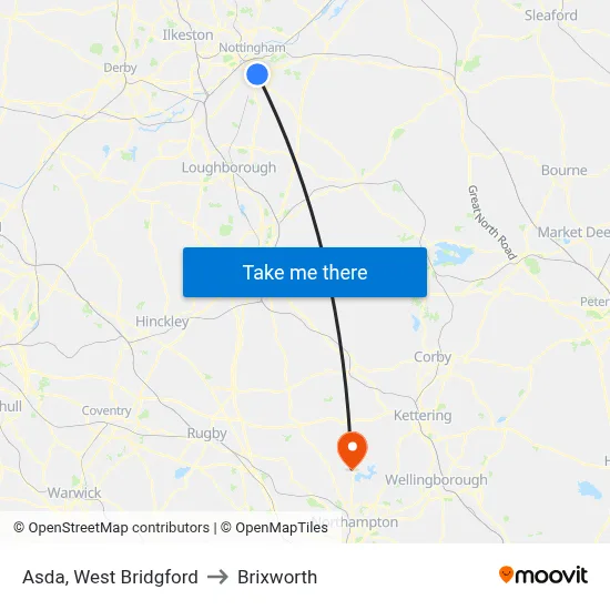 Asda, West Bridgford to Brixworth map