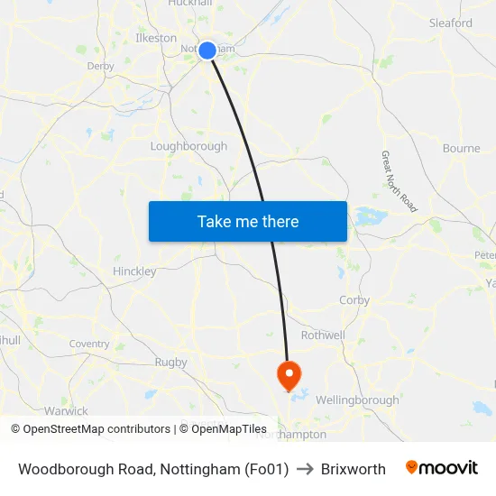 Woodborough Road, Nottingham (Fo01) to Brixworth map