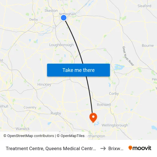 Treatment Centre, Queens Medical Centre (Qm20) to Brixworth map