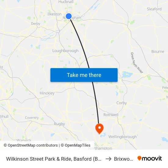 Wilkinson Street Park & Ride, Basford (Ba84) to Brixworth map