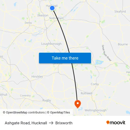 Ashgate Road, Hucknall to Brixworth map