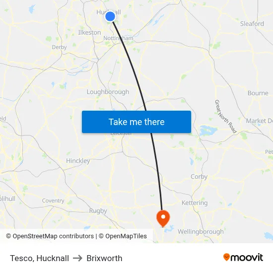 Tesco, Hucknall to Brixworth map