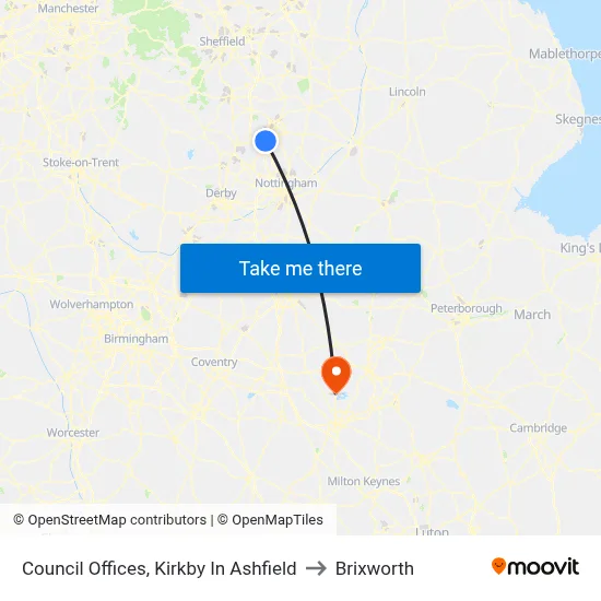 Council Offices, Kirkby In Ashfield to Brixworth map