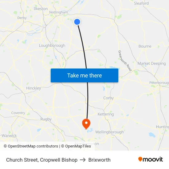 Church Street, Cropwell Bishop to Brixworth map