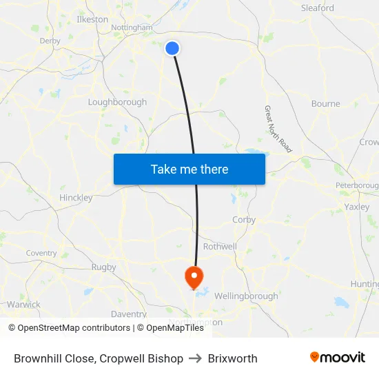 Brownhill Close, Cropwell Bishop to Brixworth map
