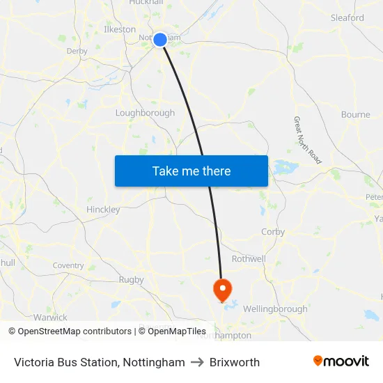 Victoria Bus Station, Nottingham to Brixworth map