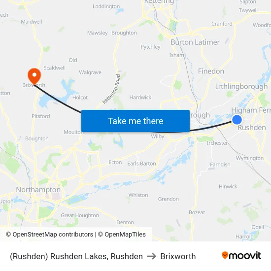 (Rushden) Rushden Lakes, Rushden to Brixworth map