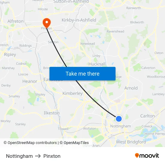 Nottingham to Pinxton map