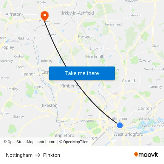 Nottingham to Pinxton map