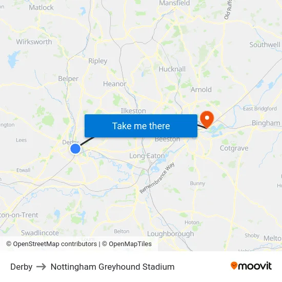 Derby to Nottingham Greyhound Stadium map