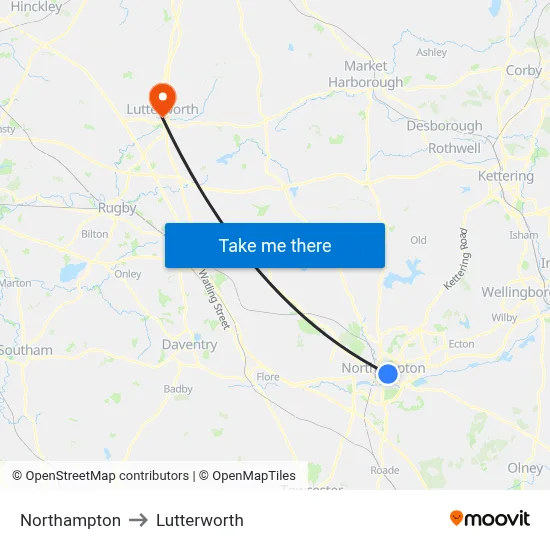Northampton to Lutterworth map