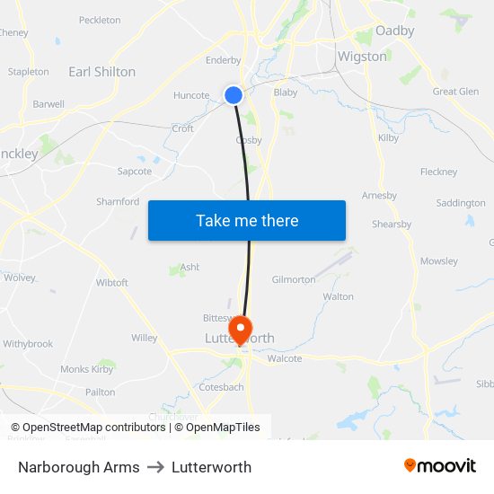 Narborough Arms to Lutterworth map