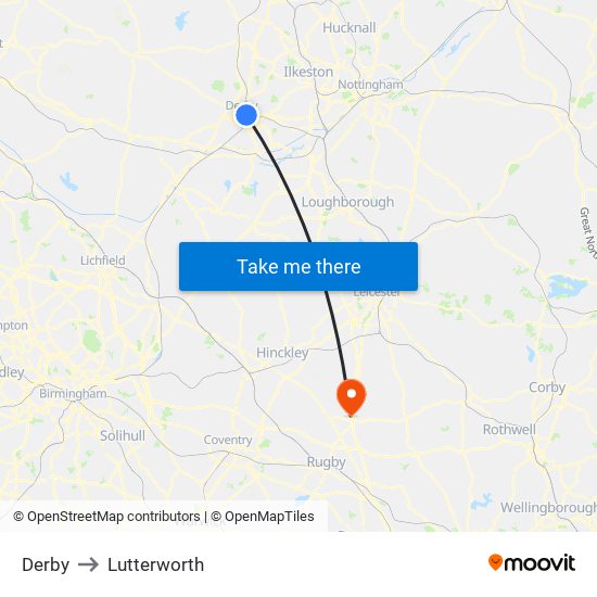 Derby to Lutterworth map