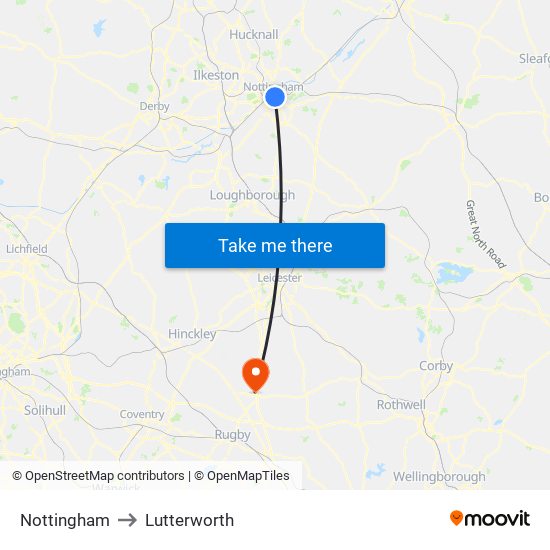 Nottingham to Lutterworth map