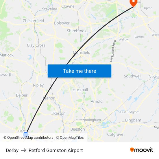 Derby to Retford Gamston Airport map