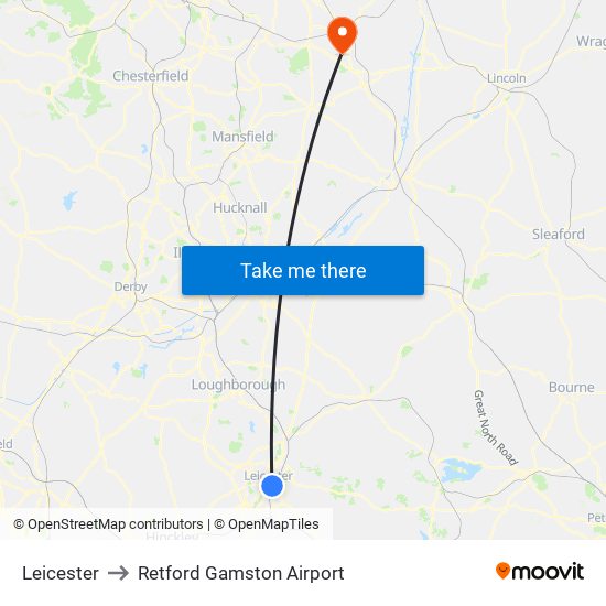 Leicester to Retford Gamston Airport map