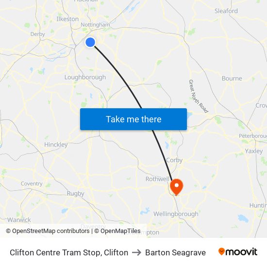 Clifton Centre Tram Stop, Clifton to Barton Seagrave map