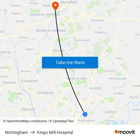 Nottingham to Kings Mill Hospital map