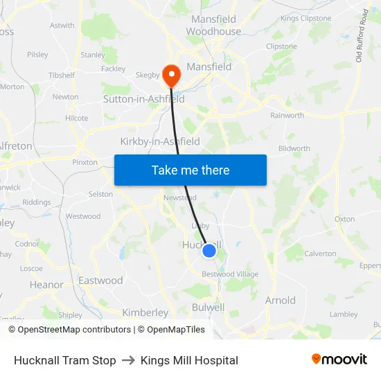Hucknall Tram Stop to Kings Mill Hospital map