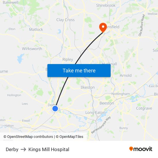Derby to Kings Mill Hospital map