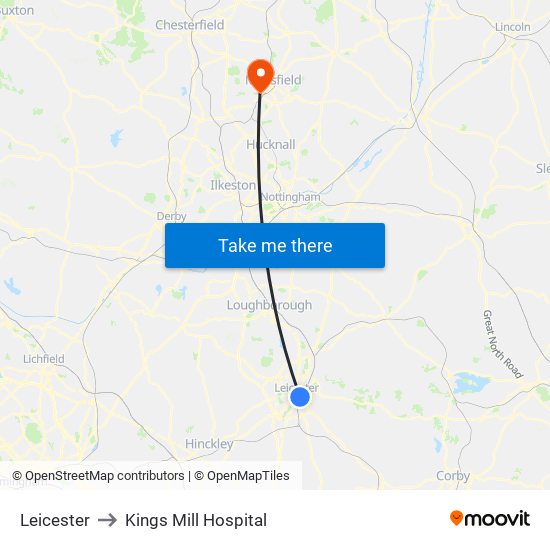 Leicester to Kings Mill Hospital map