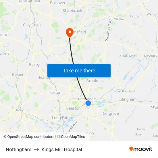 Nottingham to Kings Mill Hospital map